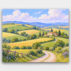 Patchwork Countryside paint by numbers kit of rolling patchwork fields, hedgerows and a winding lane leading to a farmhouse