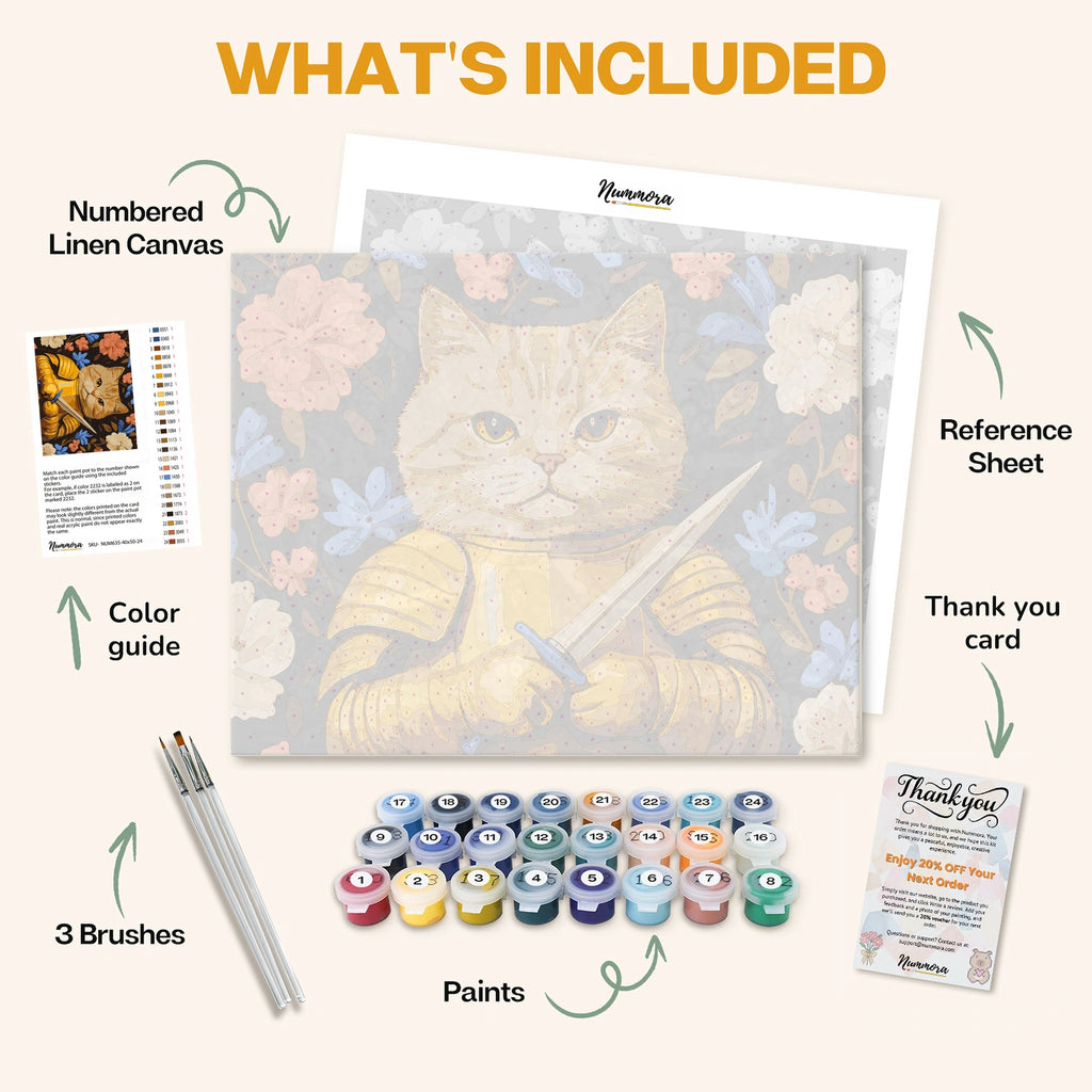 What's included in the Paw Warrior paint by numbers kit: numbered linen canvas, reference sheet, color guide, 24 acrylic paints, 3 brushes and thank you card