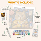 What's included in the Paw Warrior paint by numbers kit: numbered linen canvas, reference sheet, color guide, 24 acrylic paints, 3 brushes and thank you card
