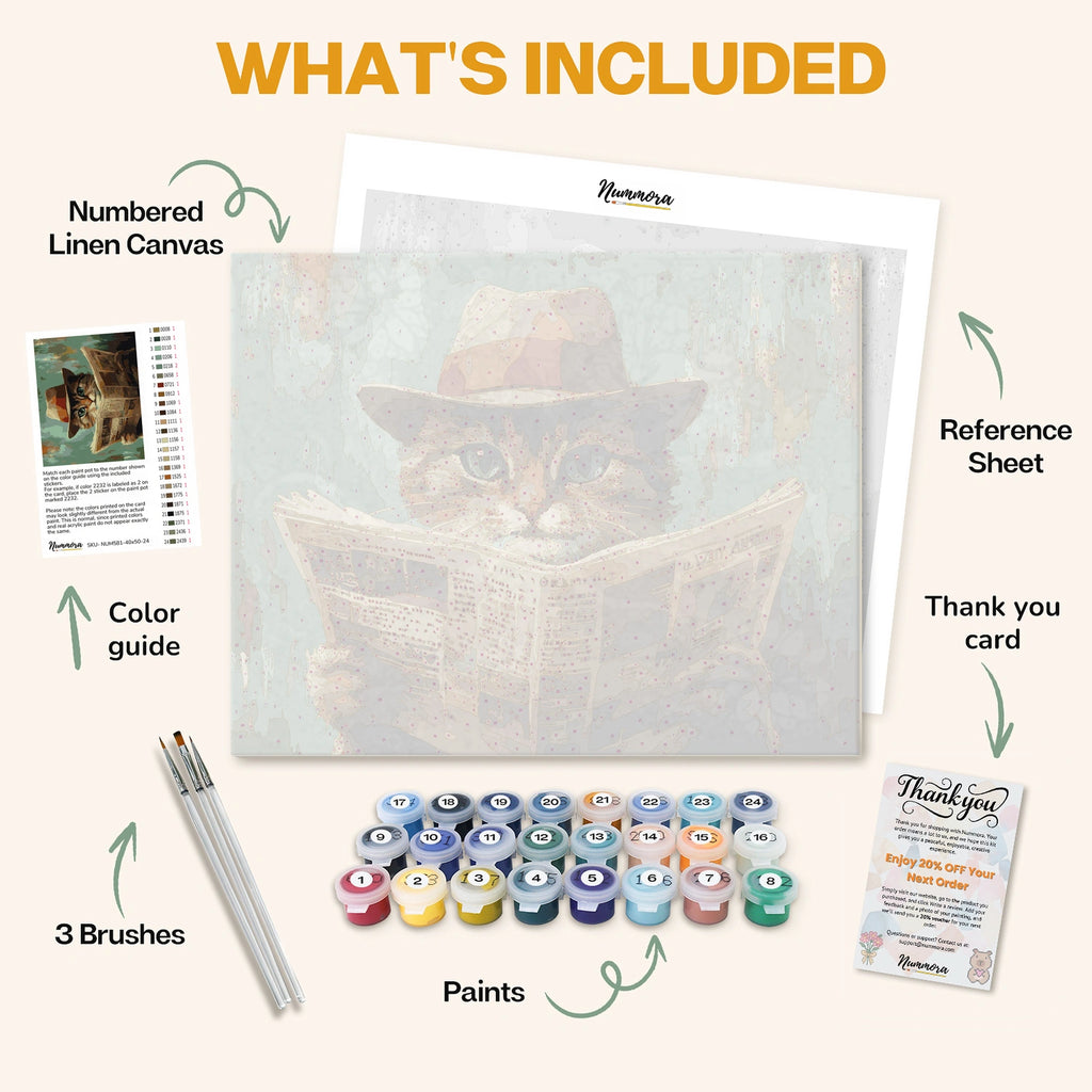 What's included in the Paws & Headlines paint by numbers kit: numbered linen canvas, reference sheet, color guide, 24 acrylic paints, 3 brushes and thank you card