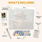 What's included in the Paws & Headlines paint by numbers kit: numbered linen canvas, reference sheet, color guide, 24 acrylic paints, 3 brushes and thank you card