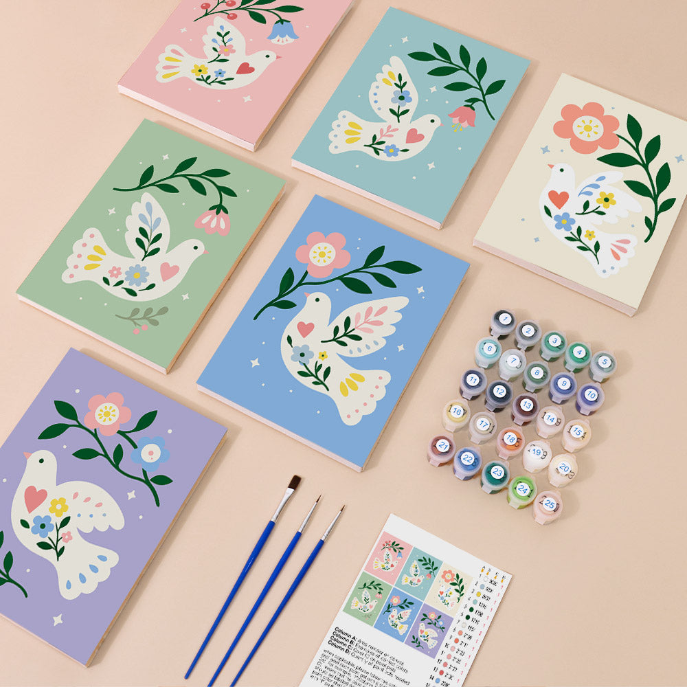 Peace Doves mini paint by numbers kit with six numbered canvases, acrylic paints, brushes and layout