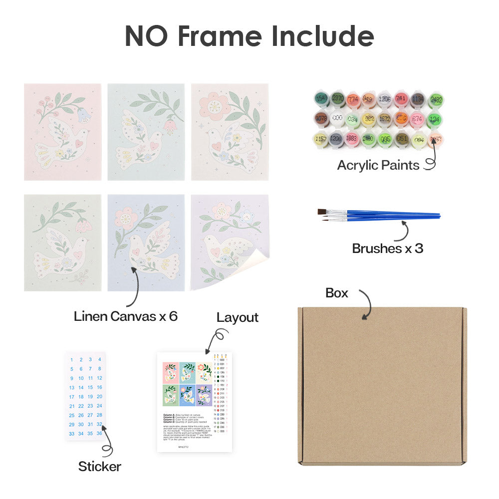 What's included without a frame: six rolled Peace Doves mini canvases, acrylic paints, three brushes and layout