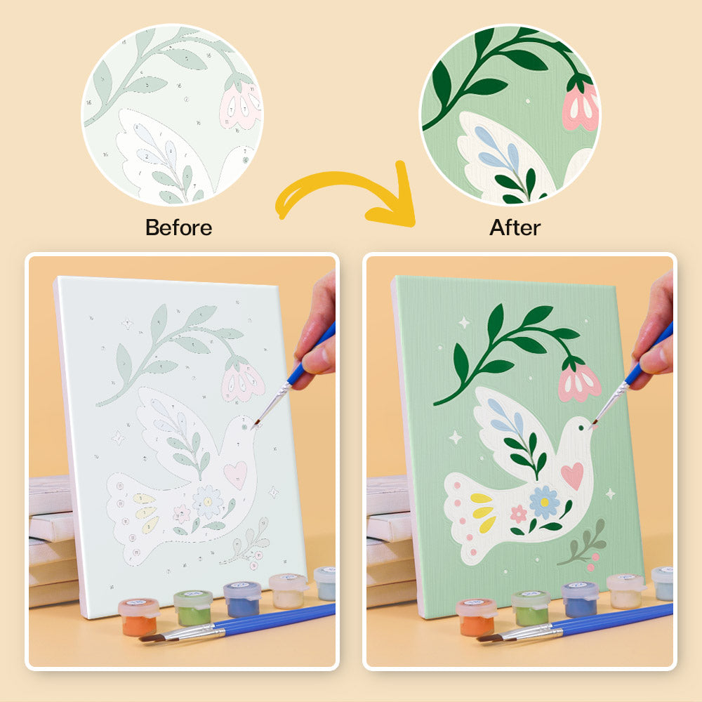 Before and after of a Peace Doves mini paint by numbers canvas