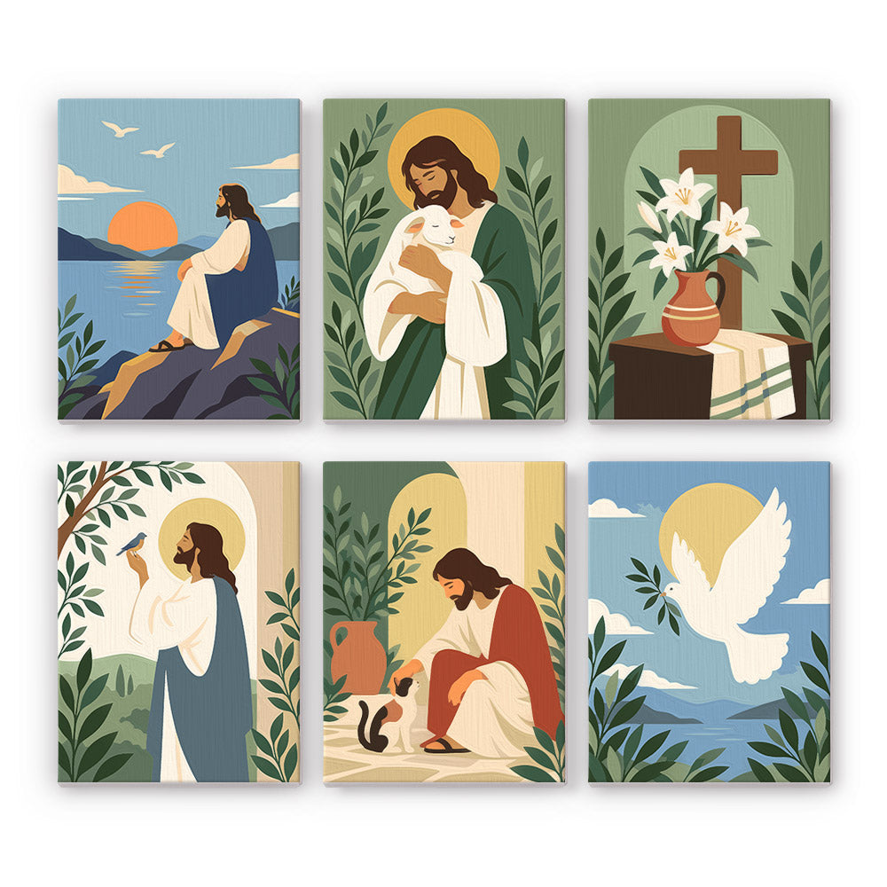 Peaceful Faith mini paint by numbers set: six serene Christian scenes with Jesus, a lamb, a cross with lilies and a dove