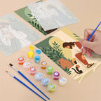Filling in a Peaceful Faith mini canvas with numbered acrylic paints and a fine brush