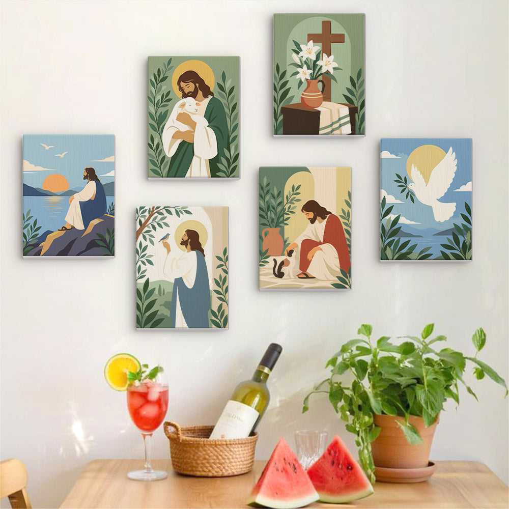 Six finished Peaceful Faith mini paintings hung on a wall above a table