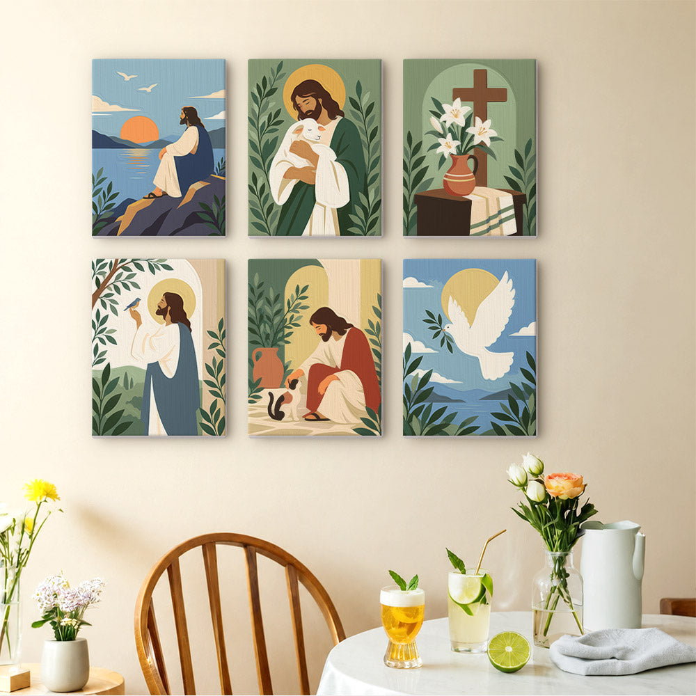 Peaceful Faith mini paintings displayed as a gallery wall in a sunny kitchen