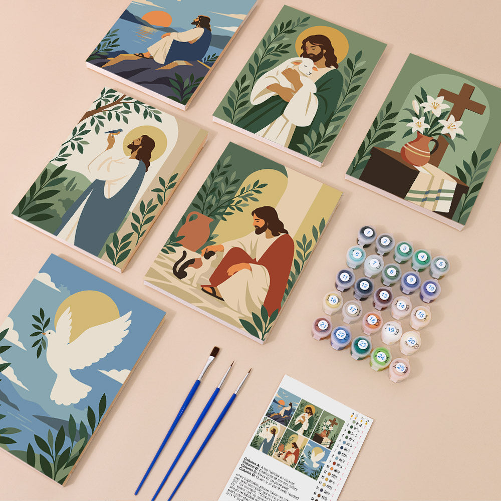 Peaceful Faith mini paint by numbers kit with six numbered canvases, acrylic paints, brushes and layout