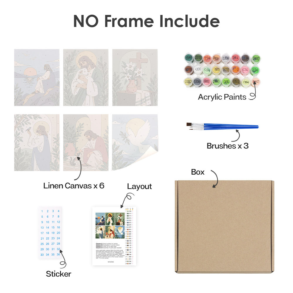 What's included without a frame: six rolled Peaceful Faith mini canvases, acrylic paints, three brushes and layout