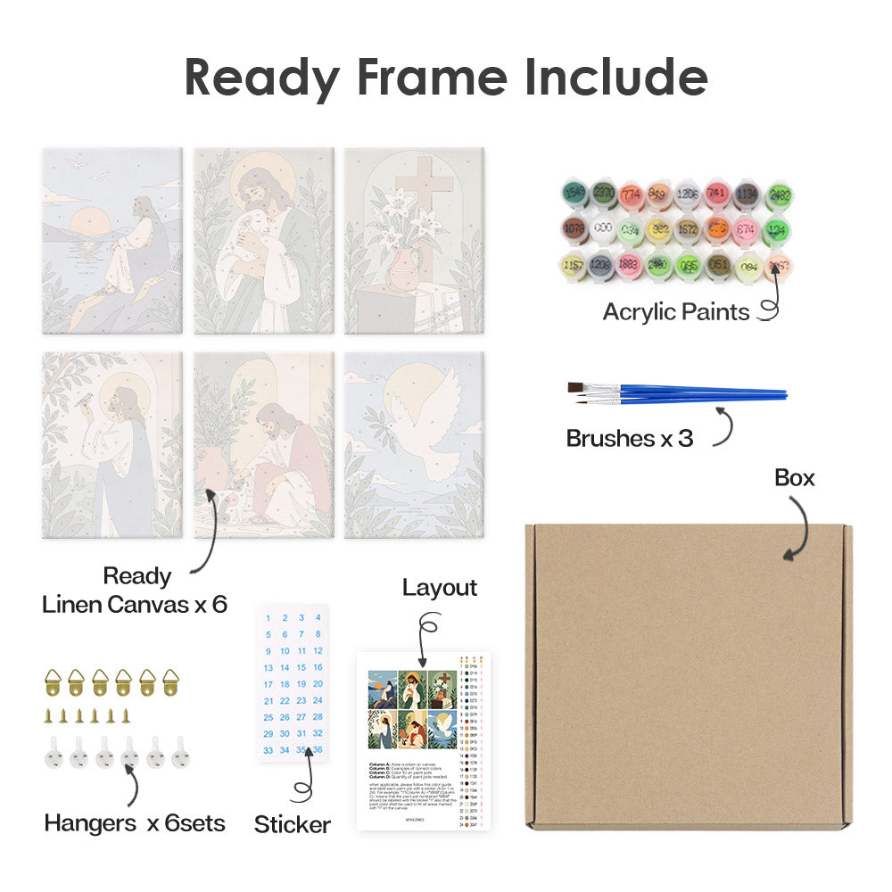 What's included pre-stretched on frame: six framed Peaceful Faith mini canvases, paints, three brushes, hangers and layout