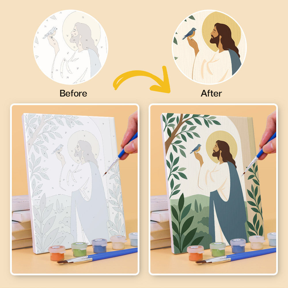 Before and after of a Peaceful Faith mini paint by numbers canvas