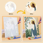 Before and after of a Peaceful Faith mini paint by numbers canvas