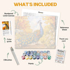 What's included in the Peacock’s Garden Stroll paint by numbers kit: numbered linen canvas, reference sheet, color guide, 24 acrylic paints, 3 brushes and thank you card