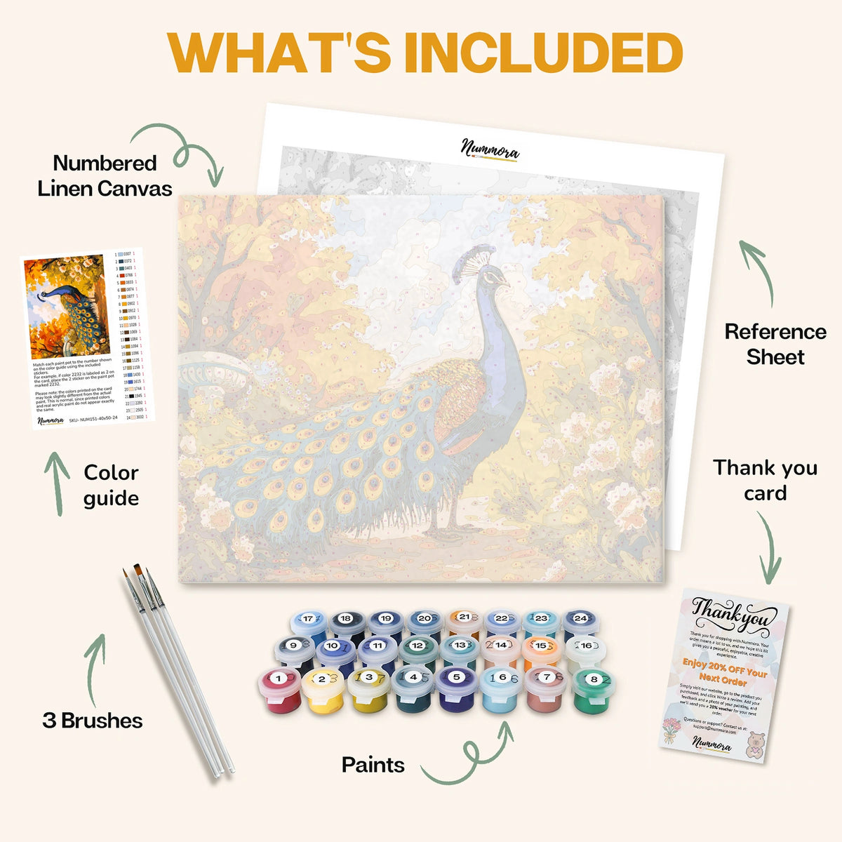 What's included in the Peacock’s Garden Stroll paint by numbers kit: numbered linen canvas, reference sheet, color guide, 24 acrylic paints, 3 brushes and thank you card