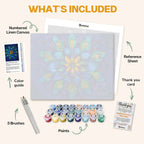 What's included in the Peacock’s Radiant Mandala paint by numbers kit: numbered linen canvas, reference sheet, color guide, 24 acrylic paints, 3 brushes and thank you card