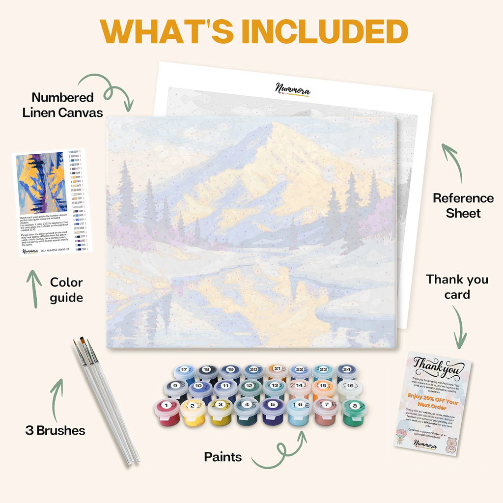 What's included in the Peaks in Winter paint by numbers kit: numbered linen canvas, reference sheet, color guide, 24 acrylic paints, 3 brushes and thank you card