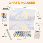 What's included in the Peaks in Winter paint by numbers kit: numbered linen canvas, reference sheet, color guide, 24 acrylic paints, 3 brushes and thank you card