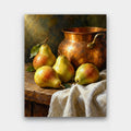 Pears and Copper paint by numbers kit of ripe pears beside a copper pot and linen cloth on a dark wooden table
