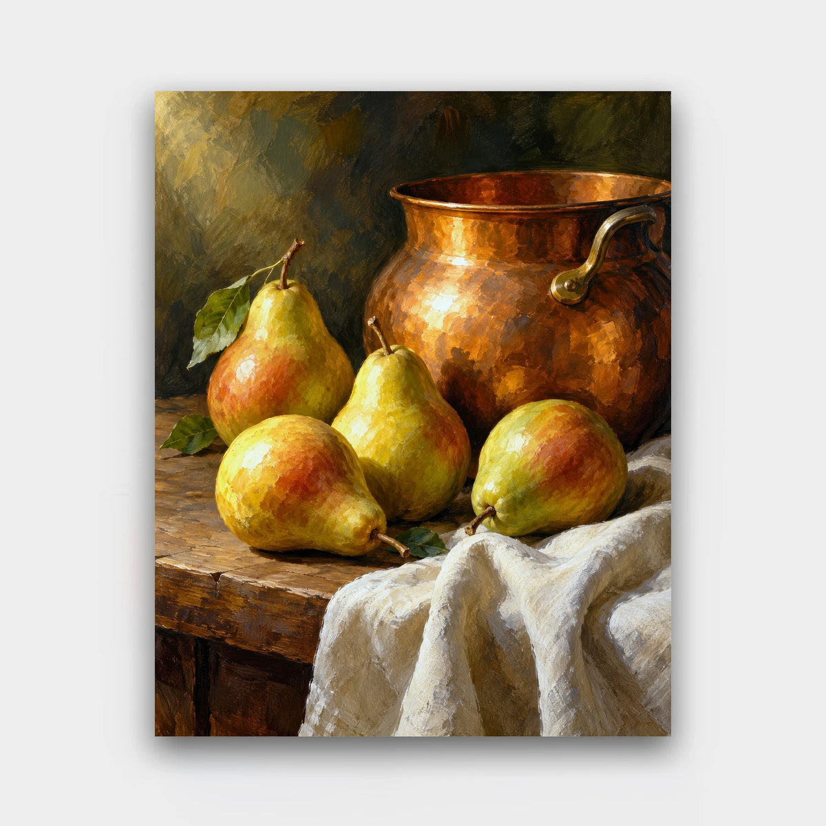 Pears and Copper paint by numbers kit of ripe pears beside a copper pot and linen cloth on a dark wooden table