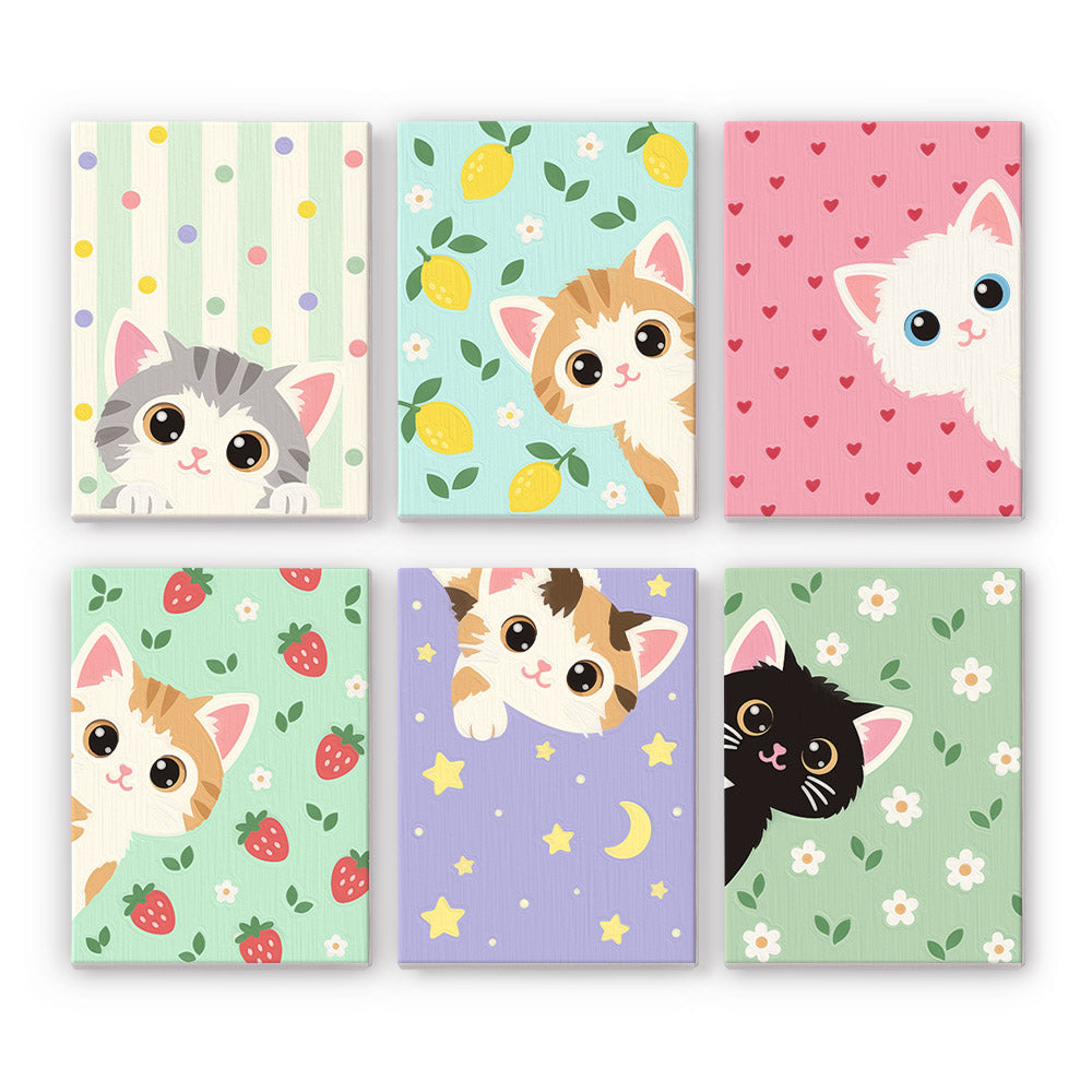 Peekaboo Kittens mini paint by numbers set: six designs of kittens peeking out from lemon, heart, strawberry, star and daisy patterns
