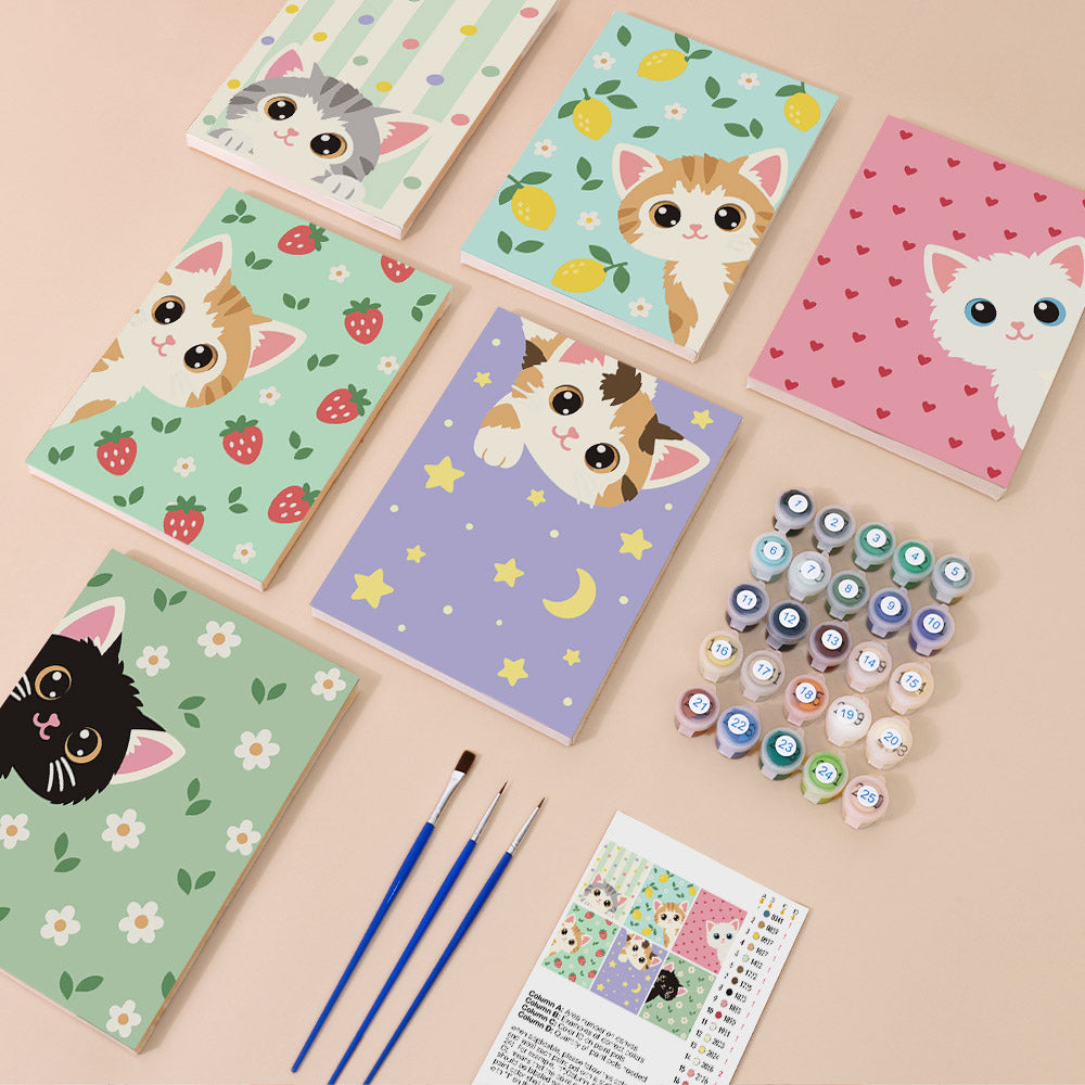 Peekaboo Kittens mini paint by numbers kit with six numbered canvases, acrylic paints, brushes and layout