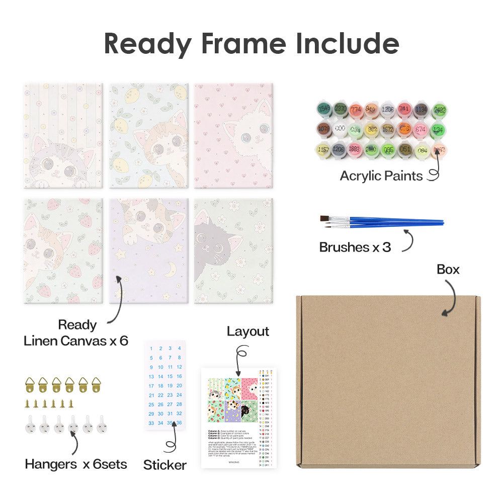 What's included pre-stretched on frame: six framed Peekaboo Kittens mini canvases, paints, three brushes, hangers and layout