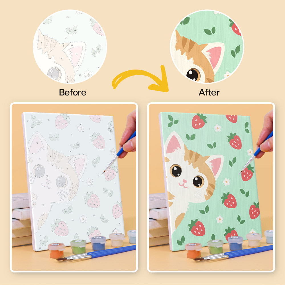 Before and after of a Peekaboo Kittens mini paint by numbers canvas