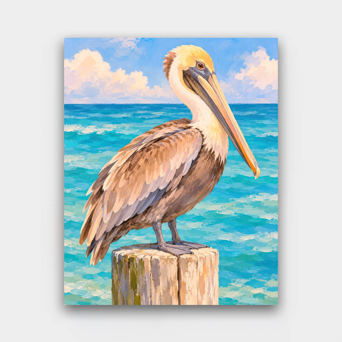 Pelican on the Post paint by numbers kit of a brown pelican perched on a weathered pier post over turquoise water