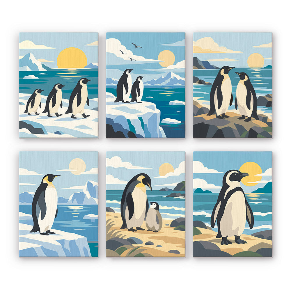Penguin Shores mini paint by numbers set: six designs of penguins on icy cliffs and rocky beaches under a golden sun