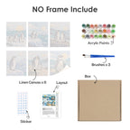 What's included without a frame: six rolled Penguin Shores mini canvases, acrylic paints, three brushes and layout