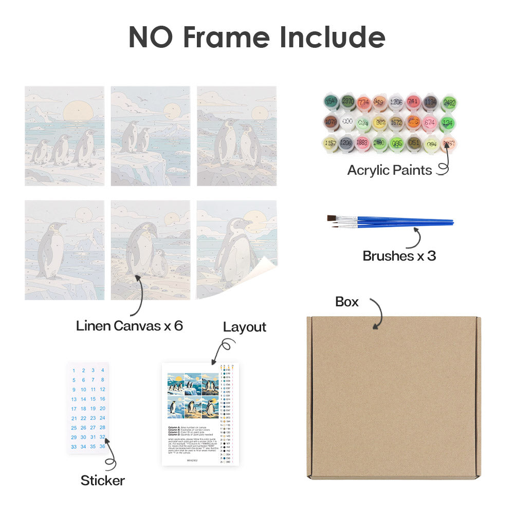 What's included without a frame: six rolled Penguin Shores mini canvases, acrylic paints, three brushes and layout