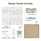 What's included pre-stretched on frame: six framed Penguin Shores mini canvases, paints, three brushes, hangers and layout