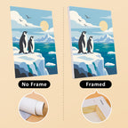 Penguin Shores mini canvas shown rolled without a frame and pre-stretched on a frame