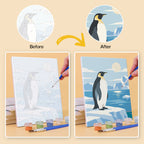 Before and after of a Penguin Shores mini paint by numbers canvas