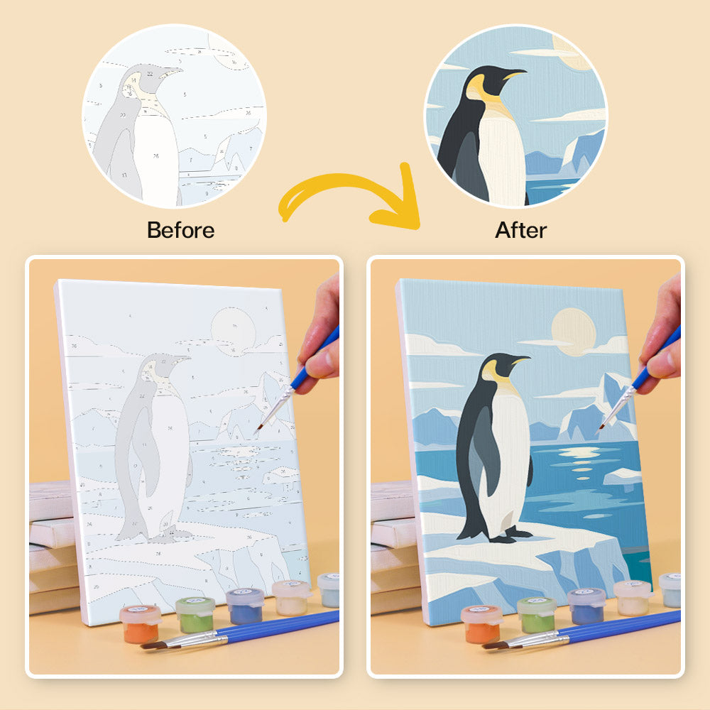 Before and after of a Penguin Shores mini paint by numbers canvas