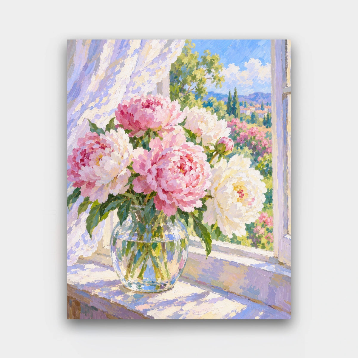 Peonies by the Window paint by numbers kit of pink and cream peonies in a glass vase on a sunny windowsill with sheer curtains
