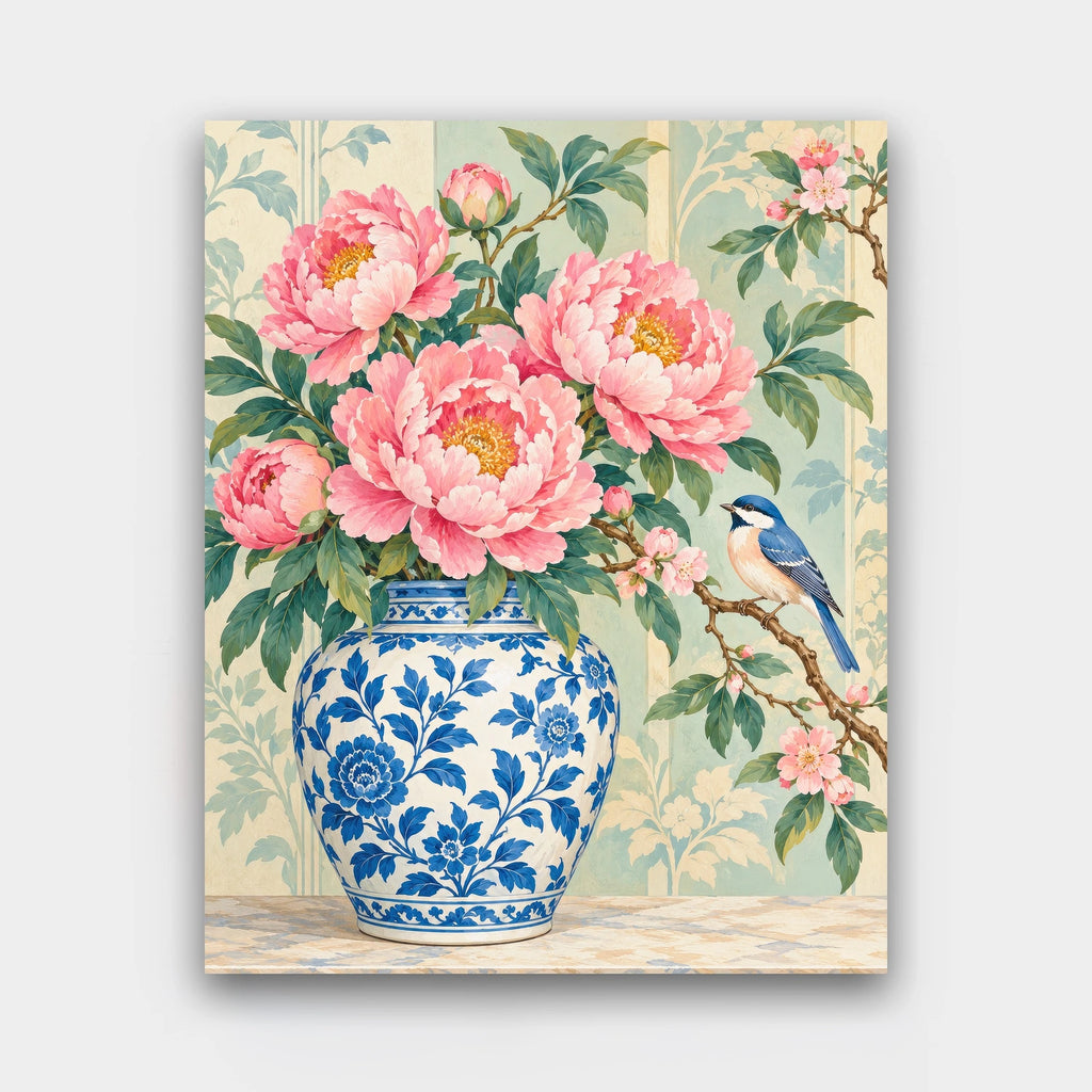 Peonies in a Ginger Jar paint by numbers kit of pink peonies in a blue-and-white ginger jar with a small bird on a branch