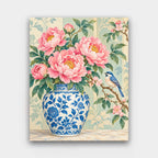 Peonies in a Ginger Jar paint by numbers kit of pink peonies in a blue-and-white ginger jar with a small bird on a branch