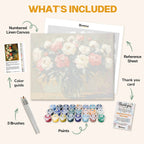 What's included in the Peony Elegance paint by numbers kit: numbered linen canvas, reference sheet, color guide, 24 acrylic paints, 3 brushes and thank you card