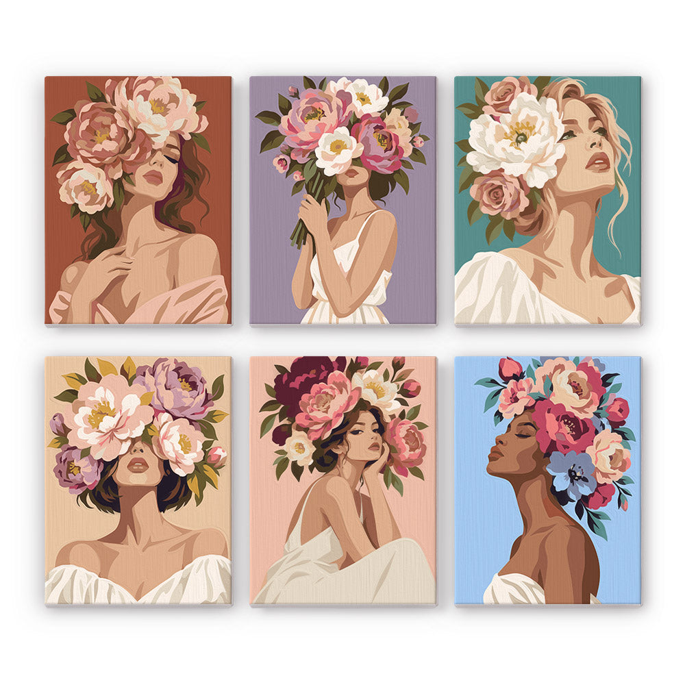 Peony Portraits mini paint by numbers set: six portraits of women crowned with pink and white peonies