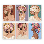 Peony Portraits mini paint by numbers set: six portraits of women crowned with pink and white peonies