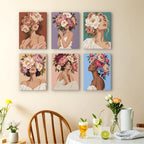 Peony Portraits mini paintings displayed as a gallery wall in a sunny kitchen