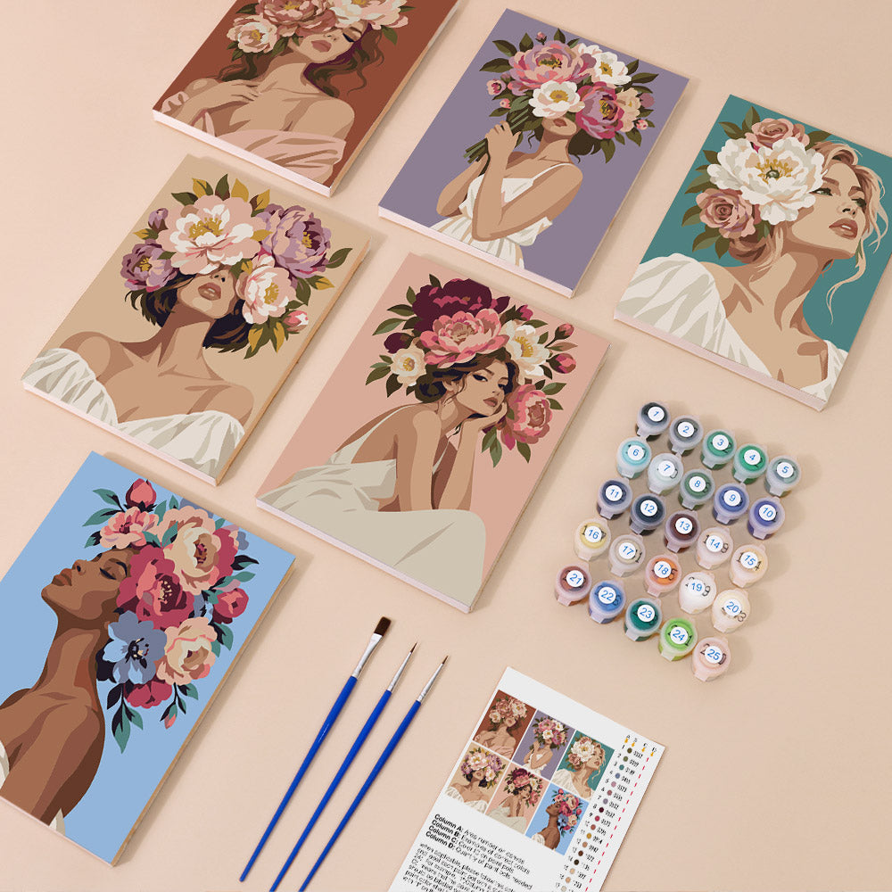 Peony Portraits mini paint by numbers kit with six numbered canvases, acrylic paints, brushes and layout