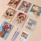 Peony Portraits mini paint by numbers kit with six numbered canvases, acrylic paints, brushes and layout