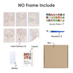 What's included without a frame: six rolled Peony Portraits mini canvases, acrylic paints, three brushes and layout