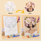 Before and after of a Peony Portraits mini paint by numbers canvas