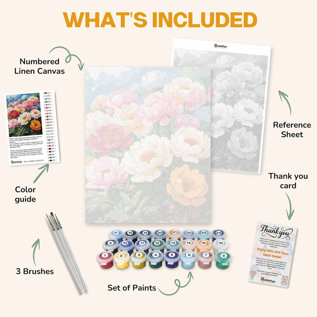 What's included in the Petal Poem paint by numbers kit: numbered linen canvas, reference sheet, color guide, 24 acrylic paints, 3 brushes and thank you card