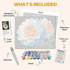 What's included in the Petals of Harmony paint by numbers kit: numbered linen canvas, reference sheet, color guide, 24 acrylic paints, 3 brushes and thank you card