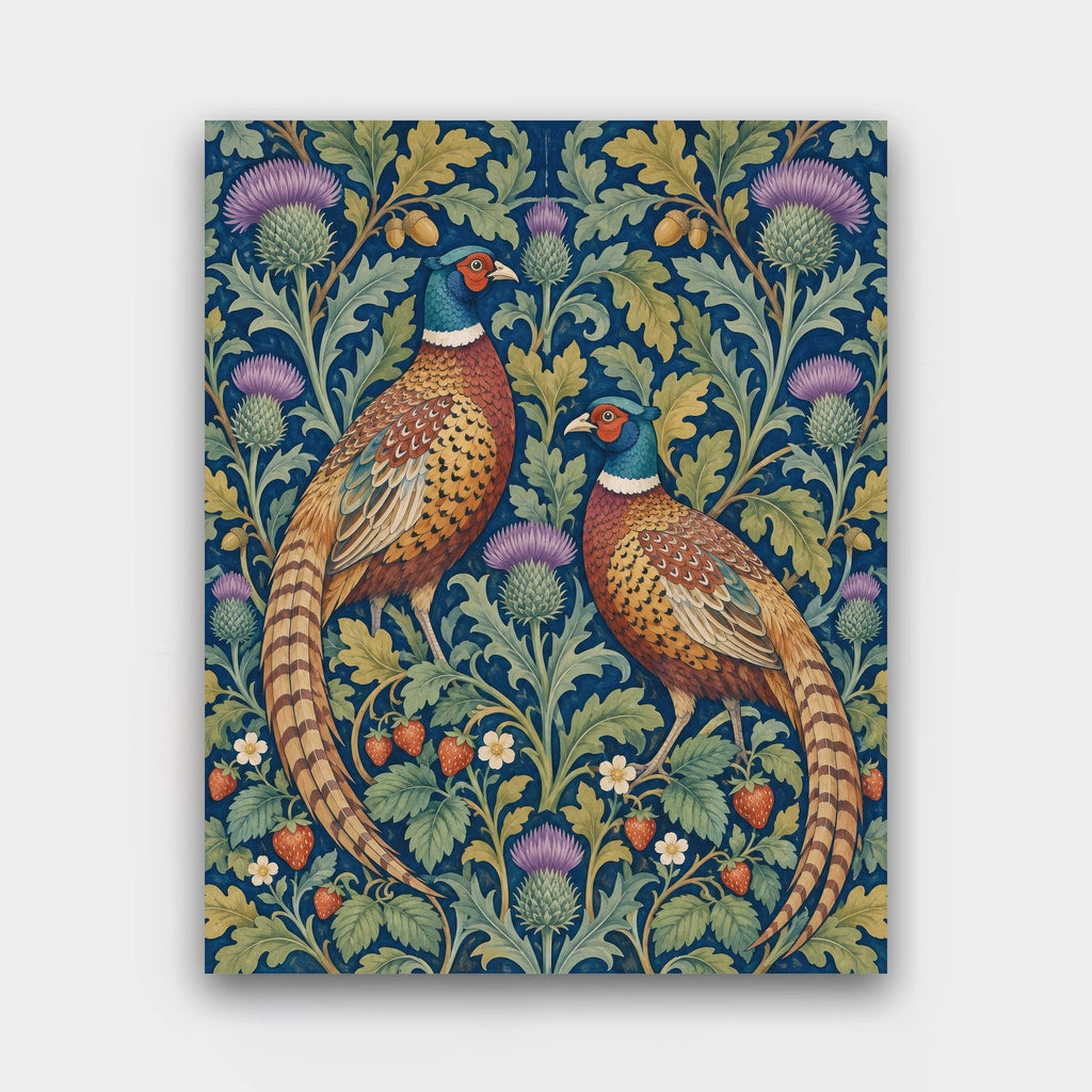 Pheasants in the Thistles paint by numbers kit of two pheasants among thistles, oak leaves and strawberries on deep indigo